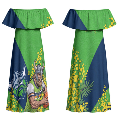 Canberra Raiders Couples Matching Off Shoulder Maxi Dress and Long Sleeve Button Shirt Golden Wattle Floral Polynesian - Australian Flower - Rugby Mascot