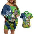 Canberra Raiders Couples Matching Off Shoulder Short Dress and Hawaiian Shirt Golden Wattle Floral Polynesian - Australian Flower - Rugby Mascot