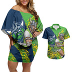 Canberra Raiders Couples Matching Off Shoulder Short Dress and Hawaiian Shirt Golden Wattle Floral Polynesian - Australian Flower - Rugby Mascot