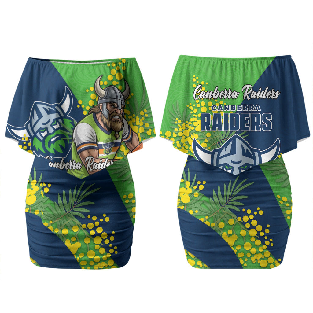 Canberra Raiders Couples Matching Off Shoulder Short Dress and Hawaiian Shirt Golden Wattle Floral Polynesian - Australian Flower - Rugby Mascot