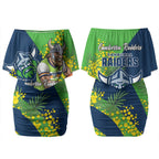Canberra Raiders Couples Matching Off Shoulder Short Dress and Hawaiian Shirt Golden Wattle Floral Polynesian - Australian Flower - Rugby Mascot