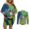 Canberra Raiders Couples Matching Off Shoulder Short Dress and Long Sleeve Button Shirt Golden Wattle Floral Polynesian - Australian Flower - Rugby Mascot