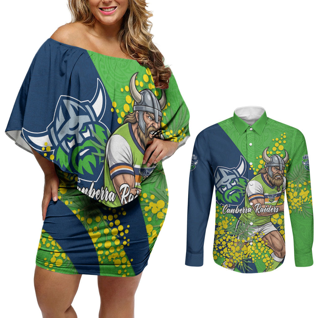 Canberra Raiders Couples Matching Off Shoulder Short Dress and Long Sleeve Button Shirt Golden Wattle Floral Polynesian - Australian Flower - Rugby Mascot