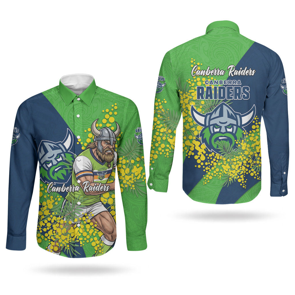 Canberra Raiders Couples Matching Off Shoulder Short Dress and Long Sleeve Button Shirt Golden Wattle Floral Polynesian - Australian Flower - Rugby Mascot
