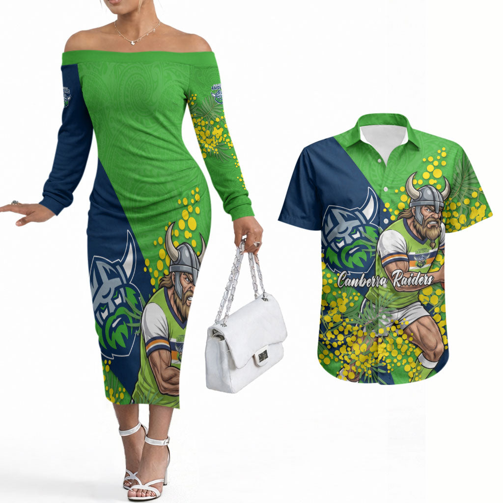 Canberra Raiders Couples Matching Off The Shoulder Long Sleeve Dress and Hawaiian Shirt Golden Wattle Floral Polynesian - Australian Flower - Rugby Mascot