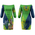 Canberra Raiders Couples Matching Off The Shoulder Long Sleeve Dress and Hawaiian Shirt Golden Wattle Floral Polynesian - Australian Flower - Rugby Mascot