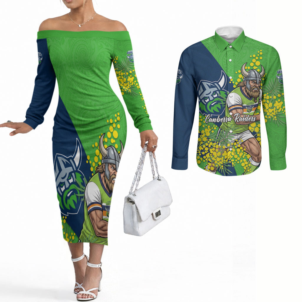 Canberra Raiders Couples Matching Off The Shoulder Long Sleeve Dress and Long Sleeve Button Shirt Golden Wattle Floral Polynesian - Australian Flower - Rugby Mascot