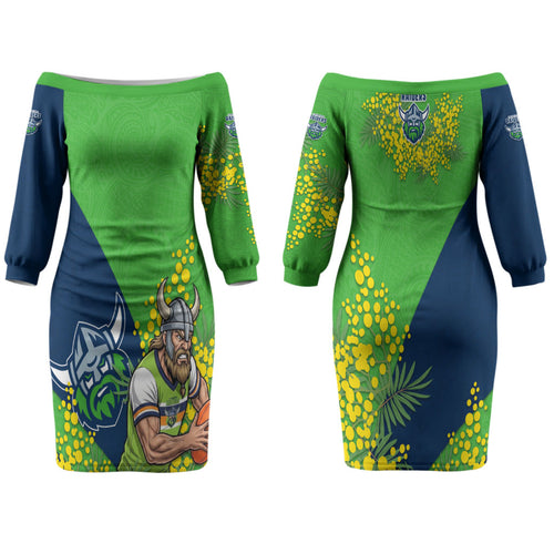 Canberra Raiders Couples Matching Off The Shoulder Long Sleeve Dress and Long Sleeve Button Shirt Golden Wattle Floral Polynesian - Australian Flower - Rugby Mascot