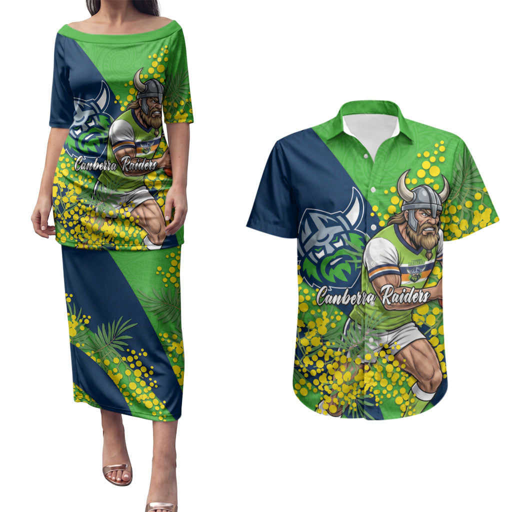 Canberra Raiders Couples Matching Puletasi and Hawaiian Shirt Golden Wattle Floral Polynesian - Australian Flower - Rugby Mascot