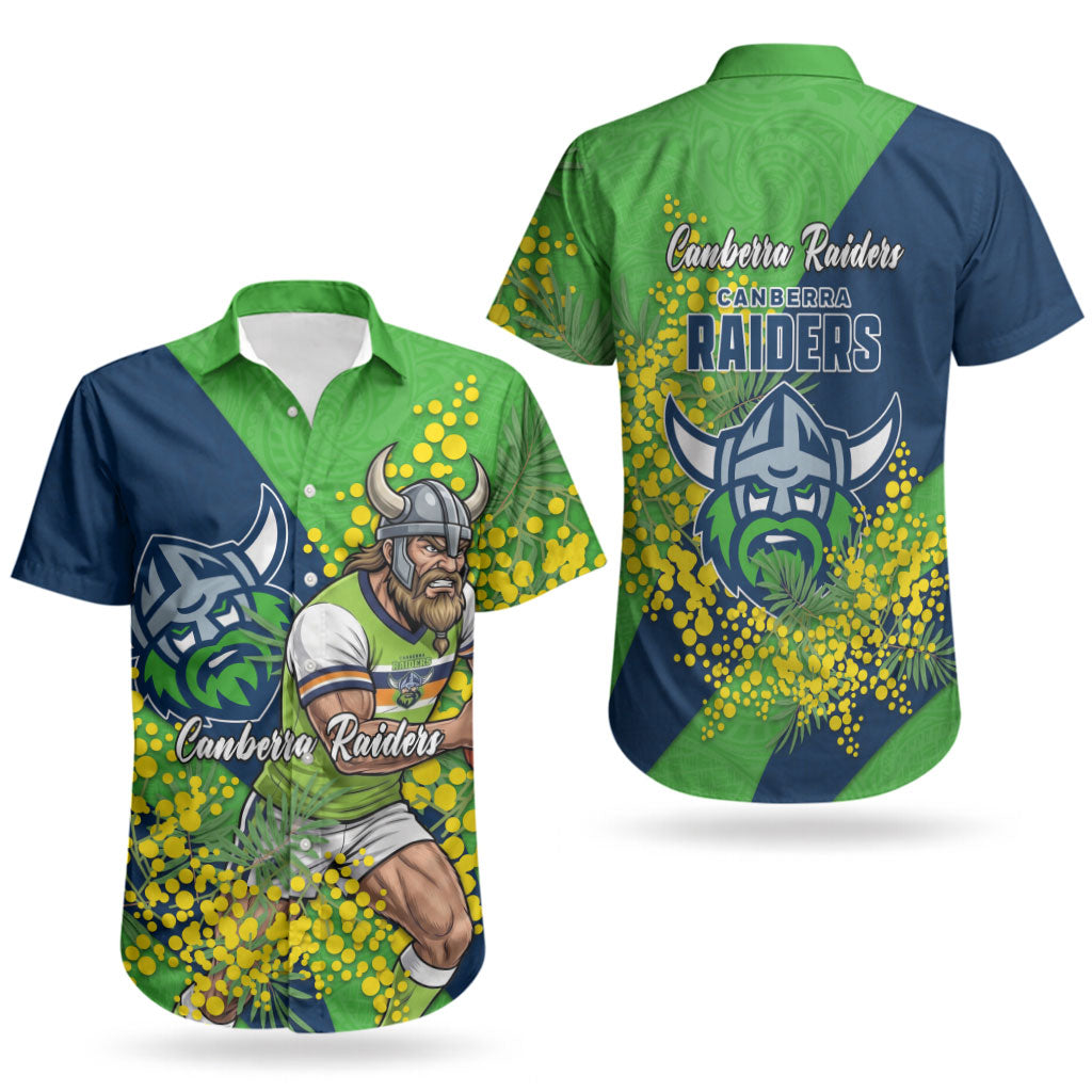 Canberra Raiders Couples Matching Puletasi and Hawaiian Shirt Golden Wattle Floral Polynesian - Australian Flower - Rugby Mascot