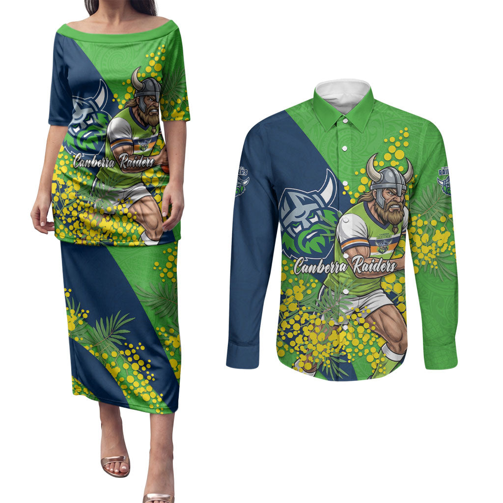 Canberra Raiders Couples Matching Puletasi and Long Sleeve Button Shirt Golden Wattle Floral Polynesian - Australian Flower - Rugby Mascot