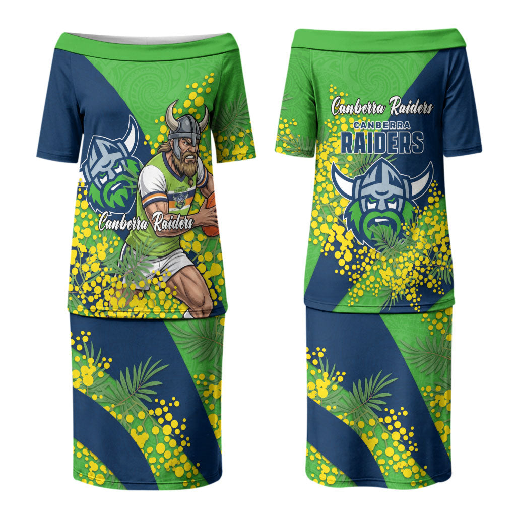 Canberra Raiders Couples Matching Puletasi and Long Sleeve Button Shirt Golden Wattle Floral Polynesian - Australian Flower - Rugby Mascot