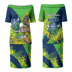 Canberra Raiders Couples Matching Puletasi and Long Sleeve Button Shirt Golden Wattle Floral Polynesian - Australian Flower - Rugby Mascot