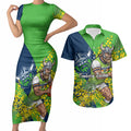Canberra Raiders Couples Matching Short Sleeve Bodycon Dress and Hawaiian Shirt Golden Wattle Floral Polynesian - Australian Flower - Rugby Mascot