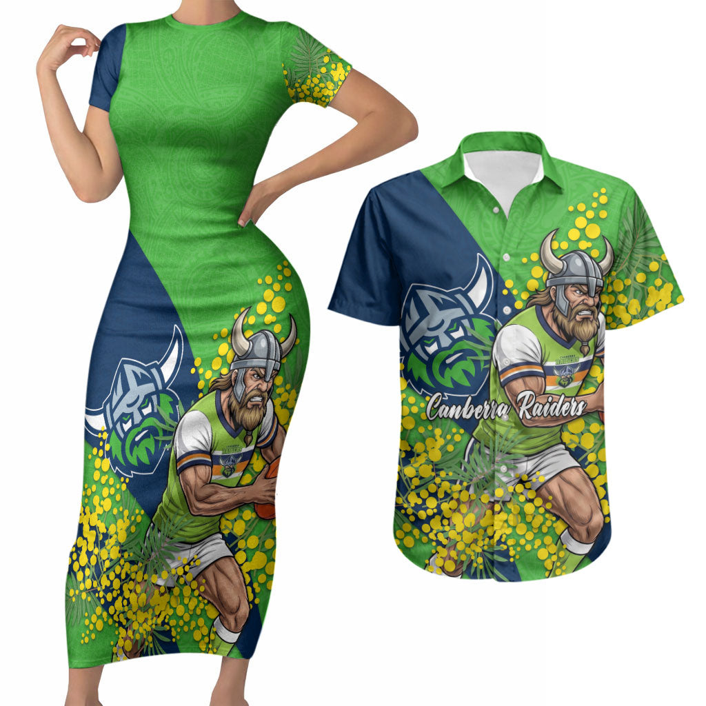 Canberra Raiders Couples Matching Short Sleeve Bodycon Dress and Hawaiian Shirt Golden Wattle Floral Polynesian - Australian Flower - Rugby Mascot