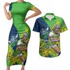 Canberra Raiders Couples Matching Short Sleeve Bodycon Dress and Hawaiian Shirt Golden Wattle Floral Polynesian - Australian Flower - Rugby Mascot