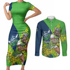 Canberra Raiders Couples Matching Short Sleeve Bodycon Dress and Long Sleeve Button Shirt Golden Wattle Floral Polynesian - Australian Flower - Rugby Mascot