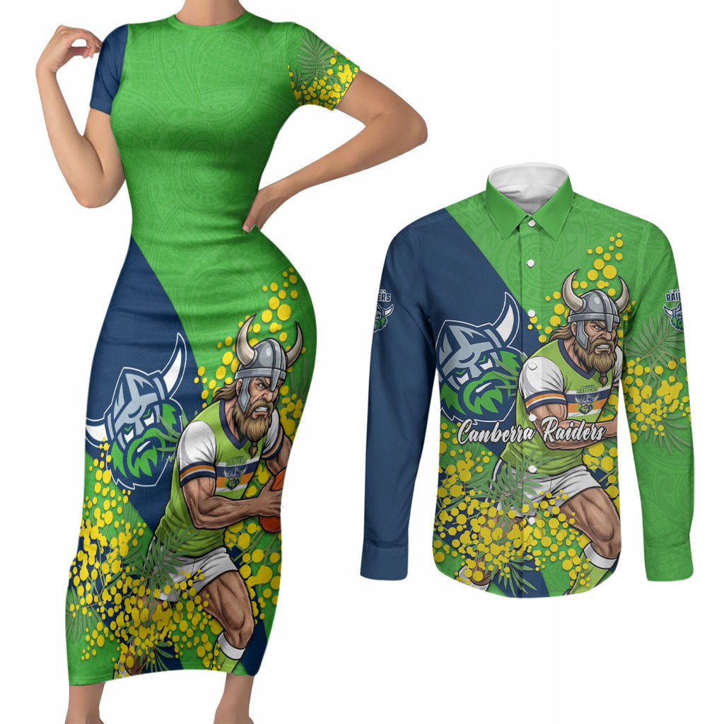 Canberra Raiders Couples Matching Short Sleeve Bodycon Dress and Long Sleeve Button Shirt Golden Wattle Floral Polynesian - Australian Flower - Rugby Mascot