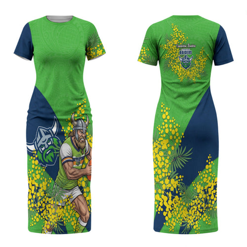 Canberra Raiders Couples Matching Short Sleeve Bodycon Dress and Long Sleeve Button Shirt Golden Wattle Floral Polynesian - Australian Flower - Rugby Mascot