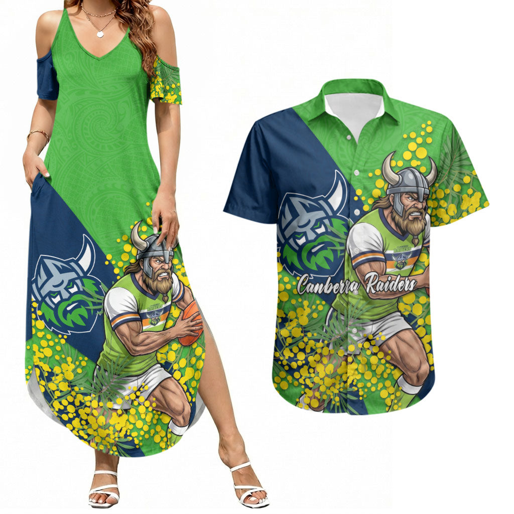 Canberra Raiders Couples Matching Summer Maxi Dress and Hawaiian Shirt Golden Wattle Floral Polynesian - Australian Flower - Rugby Mascot
