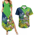 Canberra Raiders Couples Matching Summer Maxi Dress and Hawaiian Shirt Golden Wattle Floral Polynesian - Australian Flower - Rugby Mascot