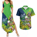 Canberra Raiders Couples Matching Summer Maxi Dress and Hawaiian Shirt Golden Wattle Floral Polynesian - Australian Flower - Rugby Mascot