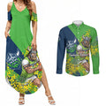 Canberra Raiders Couples Matching Summer Maxi Dress and Long Sleeve Button Shirt Golden Wattle Floral Polynesian - Australian Flower - Rugby Mascot