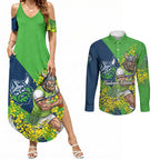 Canberra Raiders Couples Matching Summer Maxi Dress and Long Sleeve Button Shirt Golden Wattle Floral Polynesian - Australian Flower - Rugby Mascot