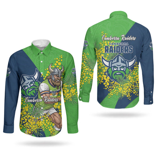 Canberra Raiders Couples Matching Summer Maxi Dress and Long Sleeve Button Shirt Golden Wattle Floral Polynesian - Australian Flower - Rugby Mascot