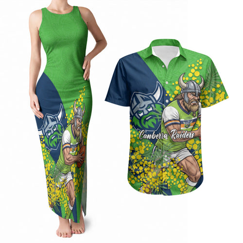 Canberra Raiders Couples Matching Tank Maxi Dress and Hawaiian Shirt Golden Wattle Floral Polynesian - Australian Flower - Rugby Mascot