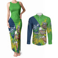 Canberra Raiders Couples Matching Tank Maxi Dress and Long Sleeve Button Shirt Golden Wattle Floral Polynesian - Australian Flower - Rugby Mascot