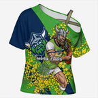 Canberra Raiders Cross Shoulder Shirt Golden Wattle Floral Polynesian - Australian Flower - Rugby Mascot