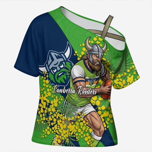 Canberra Raiders Cross Shoulder Shirt Golden Wattle Floral Polynesian - Australian Flower - Rugby Mascot