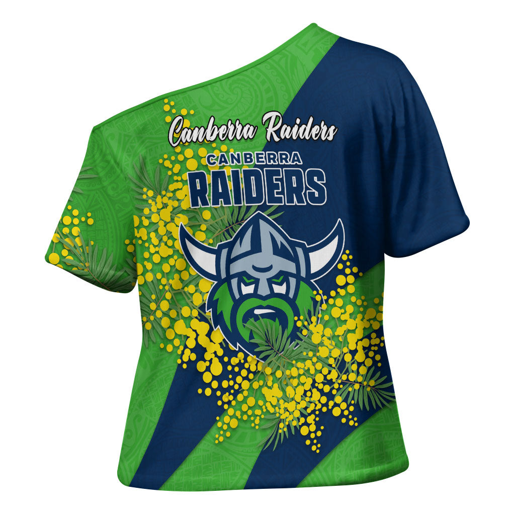Canberra Raiders Cross Shoulder Shirt Golden Wattle Floral Polynesian - Australian Flower - Rugby Mascot