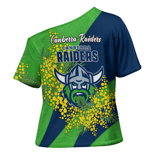 Canberra Raiders Cross Shoulder Shirt Golden Wattle Floral Polynesian - Australian Flower - Rugby Mascot