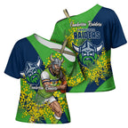 Canberra Raiders Cross Shoulder Shirt Golden Wattle Floral Polynesian - Australian Flower - Rugby Mascot