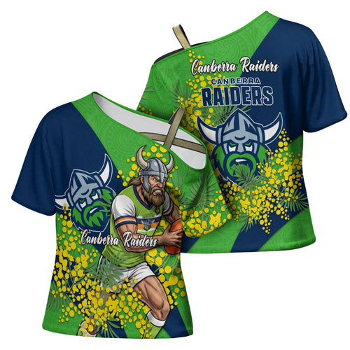 Canberra Raiders Cross Shoulder Shirt Golden Wattle Floral Polynesian - Australian Flower - Rugby Mascot