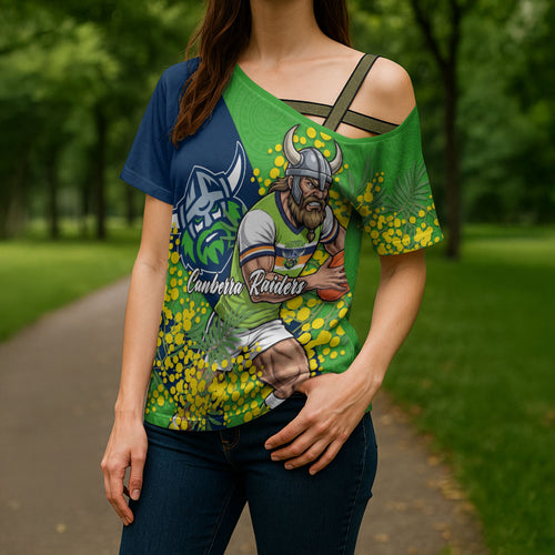 Canberra Raiders Cross Shoulder Shirt Golden Wattle Floral Polynesian - Australian Flower - Rugby Mascot