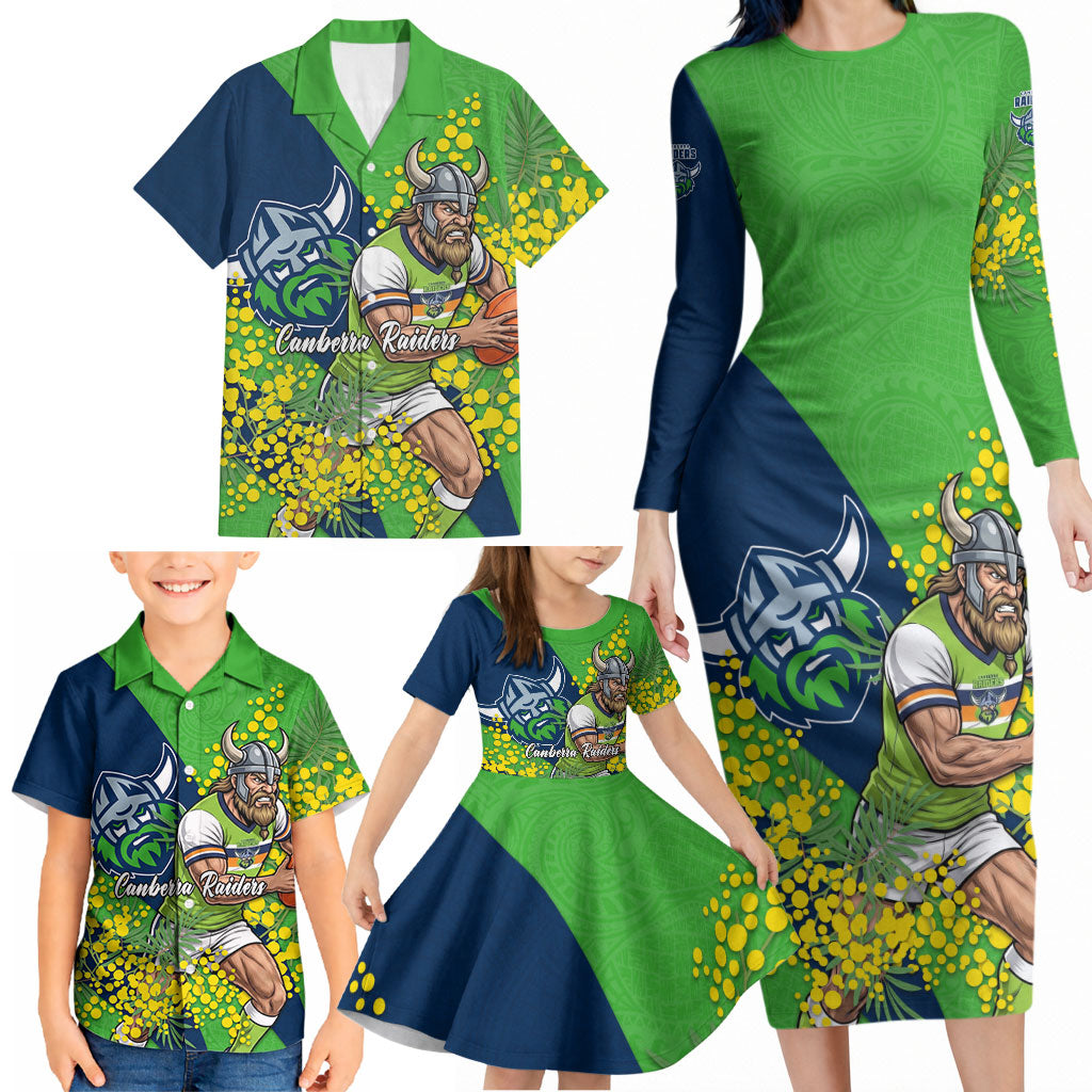 Canberra Raiders Family Matching Long Sleeve Bodycon Dress and Hawaiian Shirt Golden Wattle Floral Polynesian - Australian Flower - Rugby Mascot