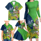 Canberra Raiders Family Matching Long Sleeve Bodycon Dress and Hawaiian Shirt Golden Wattle Floral Polynesian - Australian Flower - Rugby Mascot