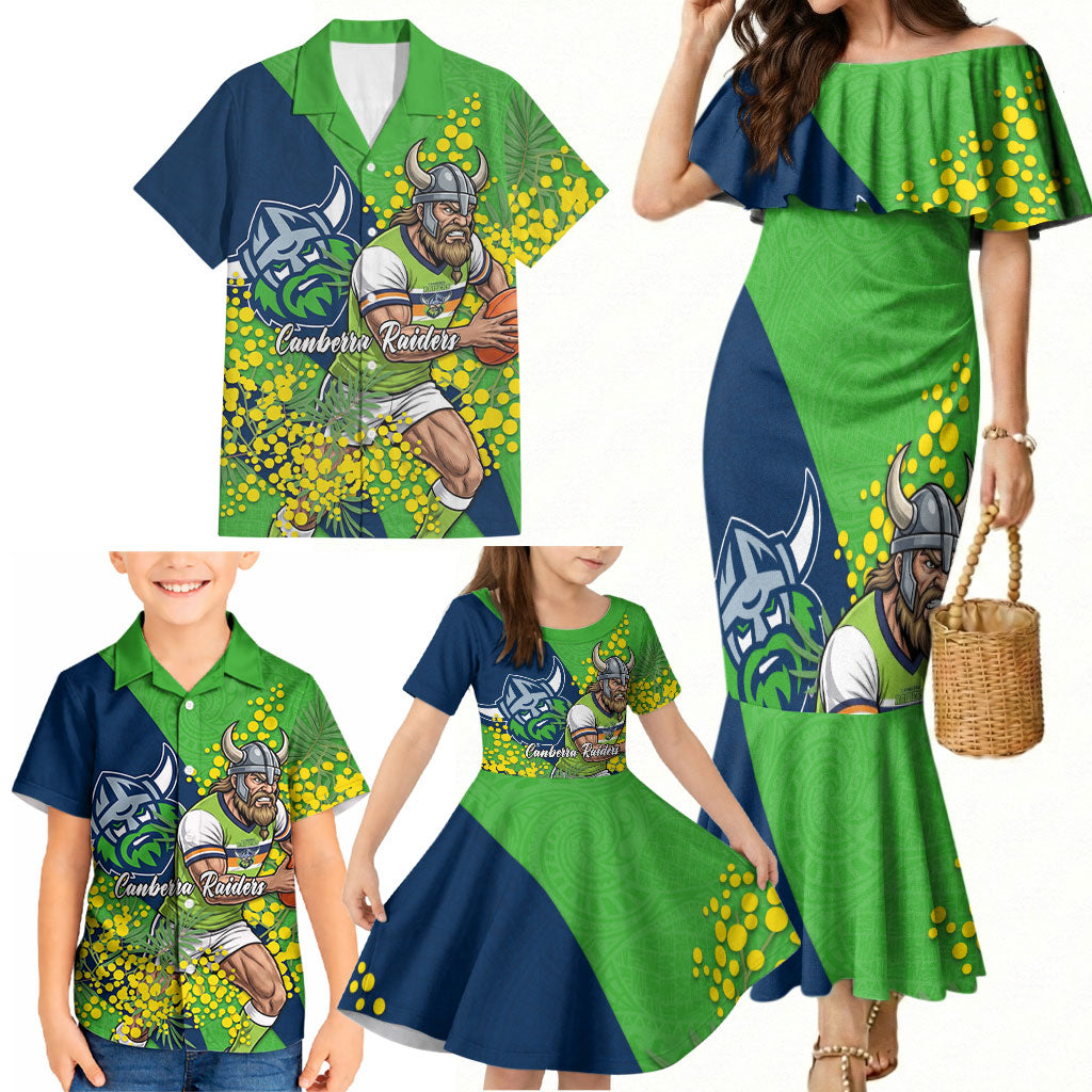 Canberra Raiders Family Matching Mermaid Dress and Hawaiian Shirt Golden Wattle Floral Polynesian - Australian Flower - Rugby Mascot