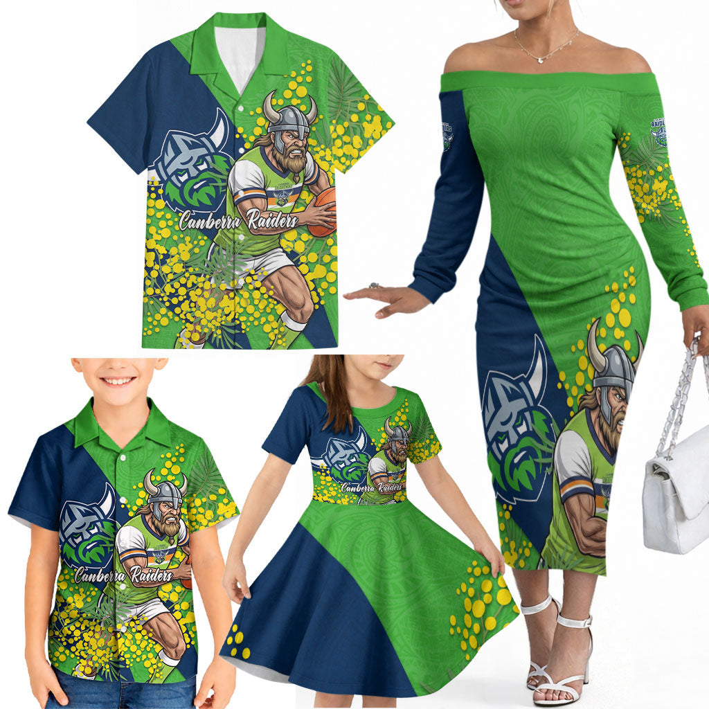 Canberra Raiders Family Matching Off The Shoulder Long Sleeve Dress and Hawaiian Shirt Golden Wattle Floral Polynesian - Australian Flower - Rugby Mascot