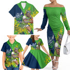Canberra Raiders Family Matching Off The Shoulder Long Sleeve Dress and Hawaiian Shirt Golden Wattle Floral Polynesian - Australian Flower - Rugby Mascot
