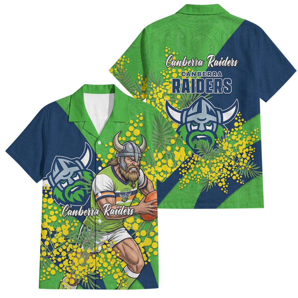 Canberra Raiders Family Matching Off The Shoulder Long Sleeve Dress and Hawaiian Shirt Golden Wattle Floral Polynesian - Australian Flower - Rugby Mascot