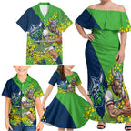 Canberra Raiders Family Matching Off Shoulder Maxi Dress and Hawaiian Shirt Golden Wattle Floral Polynesian - Australian Flower - Rugby Mascot