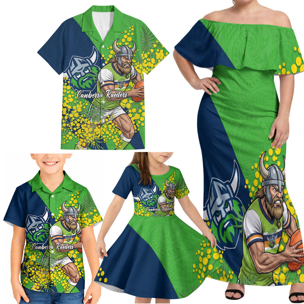 Canberra Raiders Family Matching Off Shoulder Maxi Dress and Hawaiian Shirt Golden Wattle Floral Polynesian - Australian Flower - Rugby Mascot
