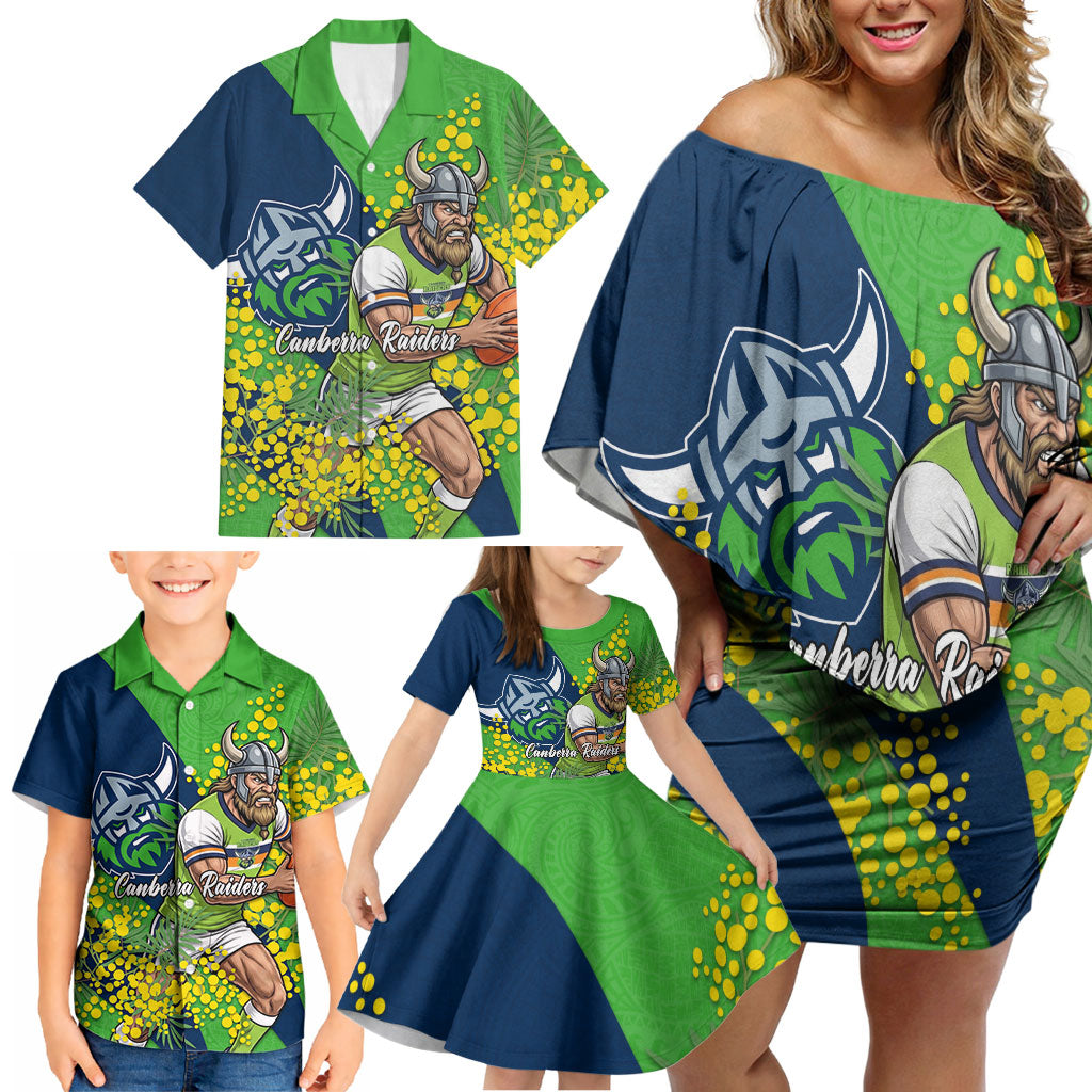 Canberra Raiders Family Matching Off Shoulder Short Dress and Hawaiian Shirt Golden Wattle Floral Polynesian - Australian Flower - Rugby Mascot