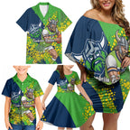 Canberra Raiders Family Matching Off Shoulder Short Dress and Hawaiian Shirt Golden Wattle Floral Polynesian - Australian Flower - Rugby Mascot