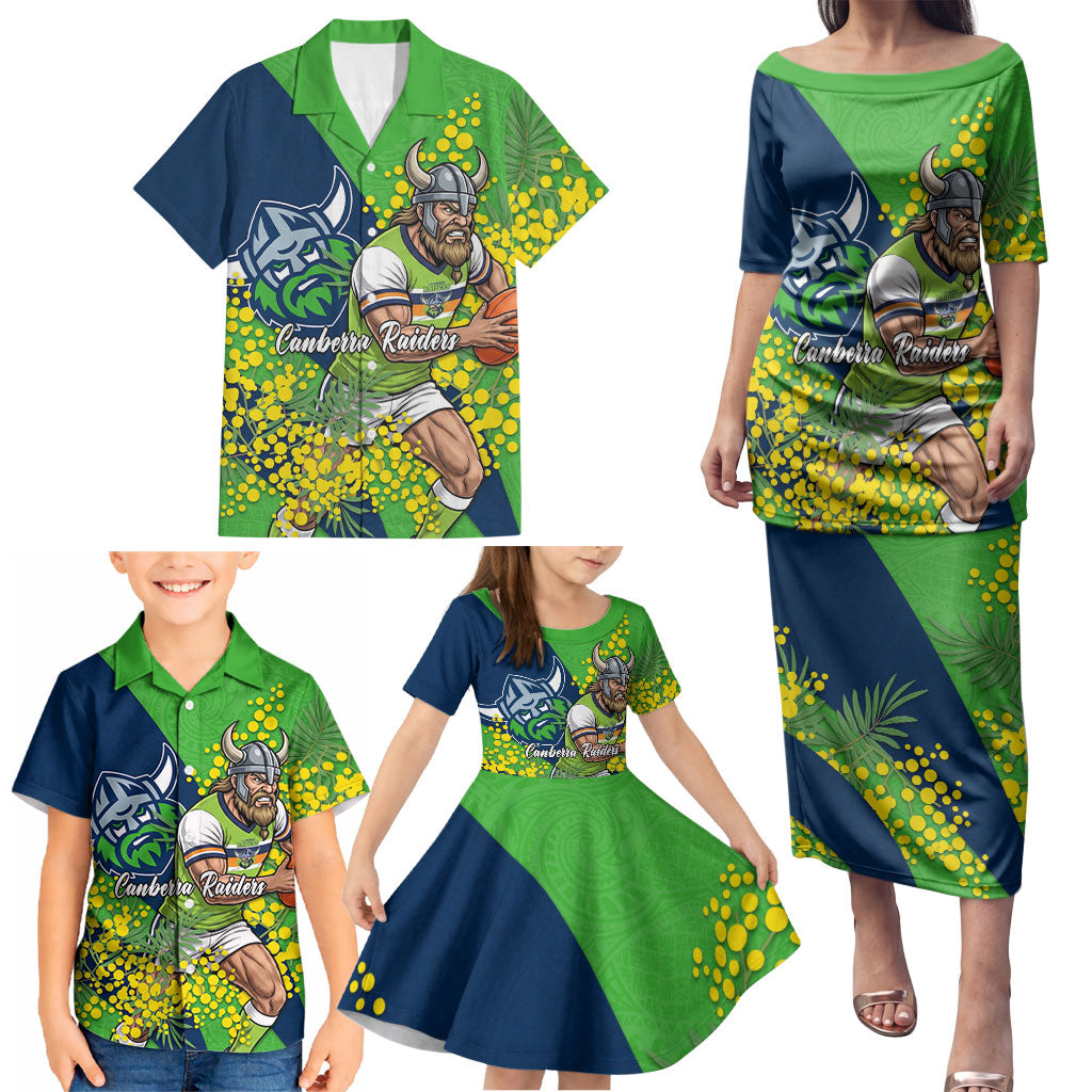 Canberra Raiders Family Matching Puletasi and Hawaiian Shirt Golden Wattle Floral Polynesian - Australian Flower - Rugby Mascot