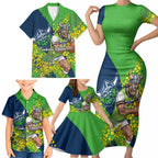 Canberra Raiders Family Matching Short Sleeve Bodycon Dress and Hawaiian Shirt Golden Wattle Floral Polynesian - Australian Flower - Rugby Mascot